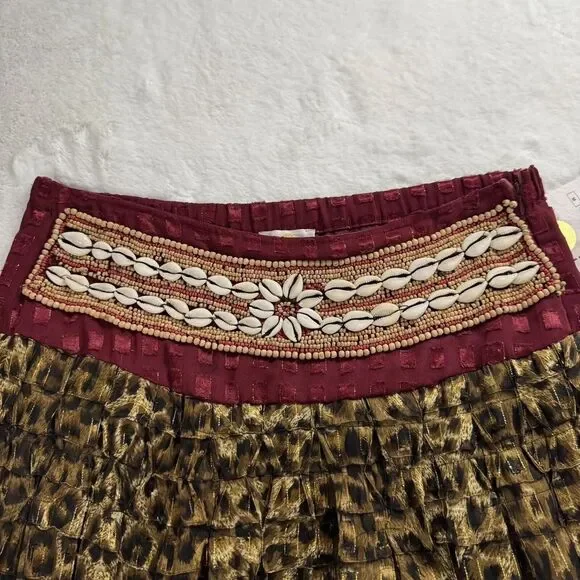 Sandy Starkman Multi-Color Patterned Maxi Skirt Tiered Beaded Shells Size M Boho